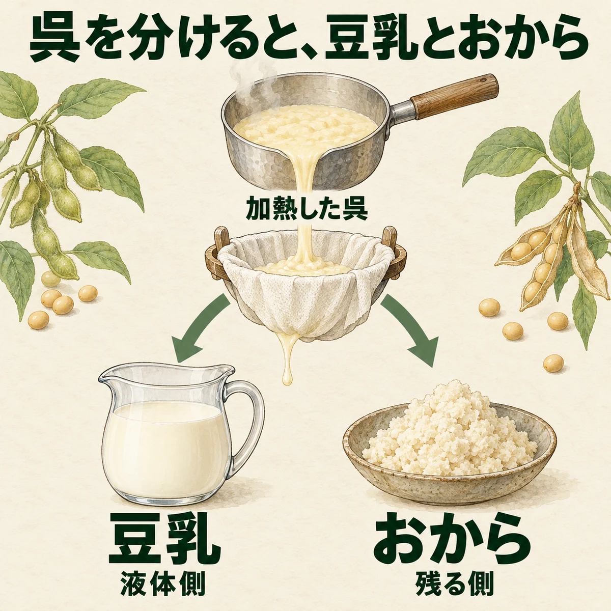 加熱した呉を分け、液体側の豆乳と残る側のおからを取り出す分岐図