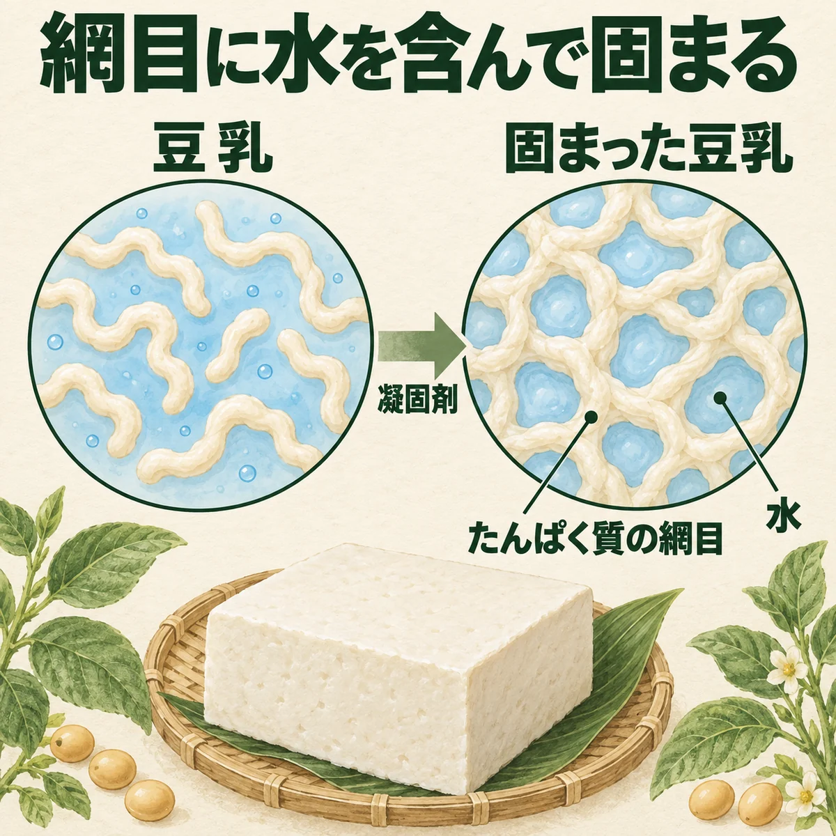豆乳のたんぱく質が網目を作り、その中に水を含んで固まる仕組み