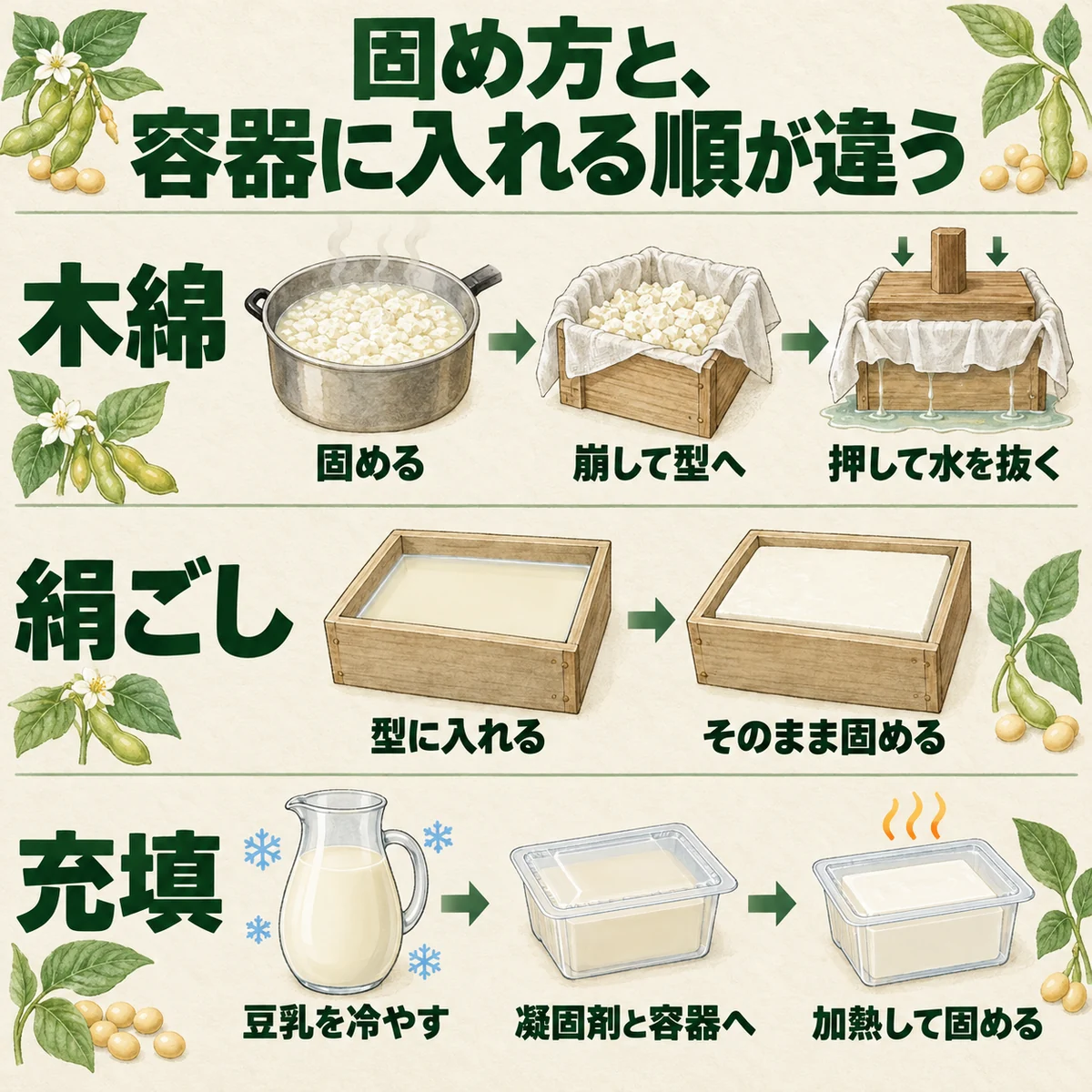 木綿の固めて崩し圧搾する工程、絹ごしの型内凝固、充填の冷やした豆乳を密封し加熱する順序
