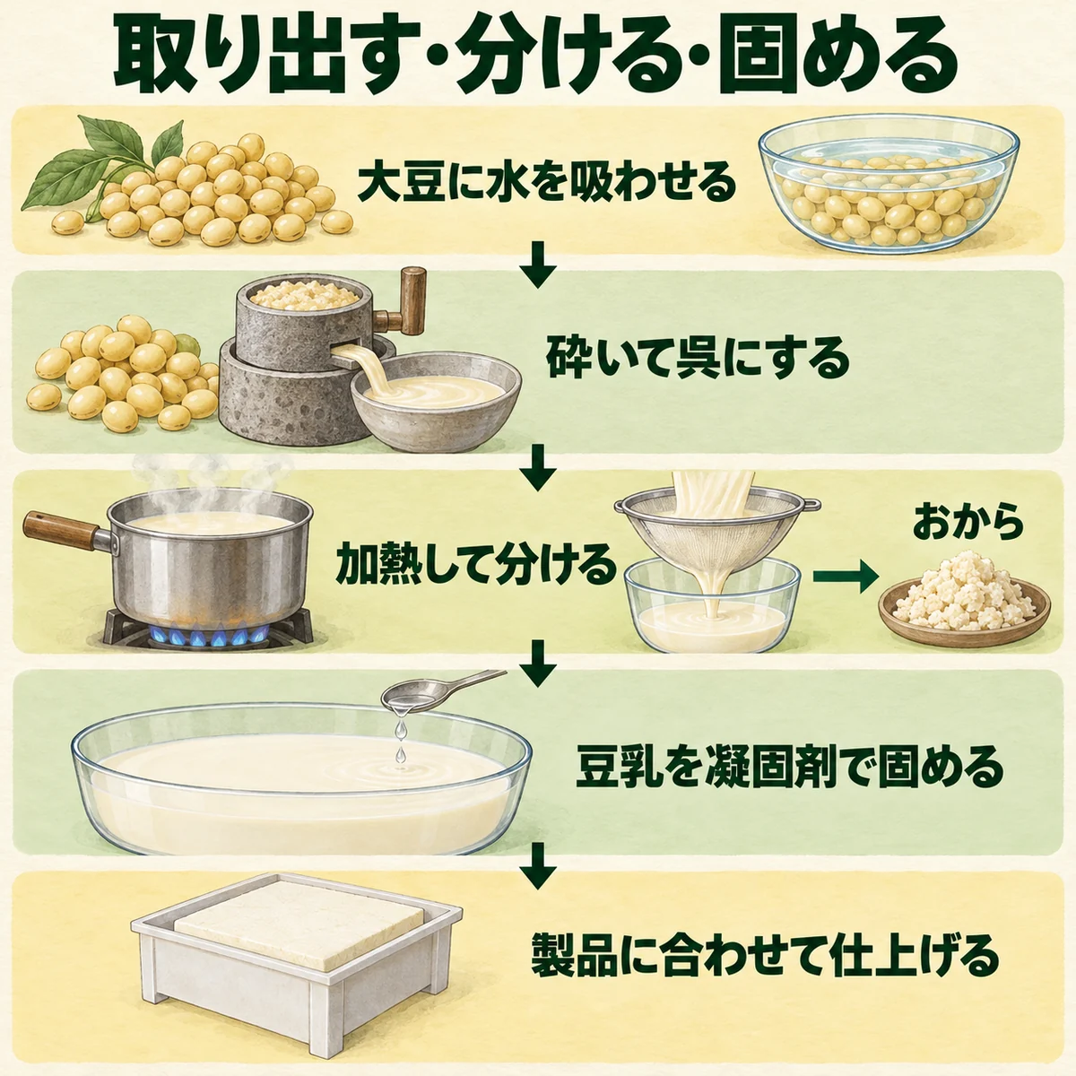 吸水、砕いて呉にする、加熱と分離、豆乳の凝固、製品別の仕上げを順に示すまとめ図